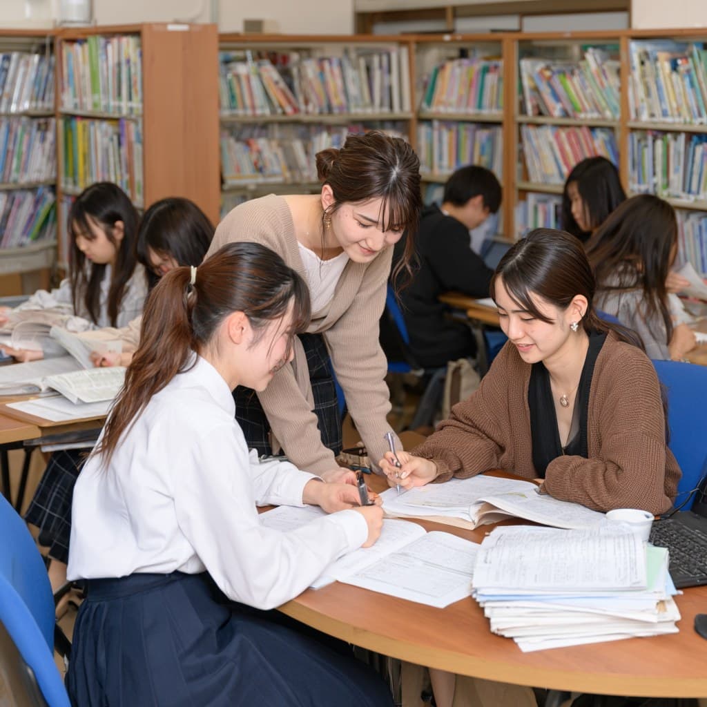自習室の机で、講師が二人の生徒の手元をのぞきこんでいるところ。奥の棚には本が並び、机の上には問題集とプリントが広げてある。